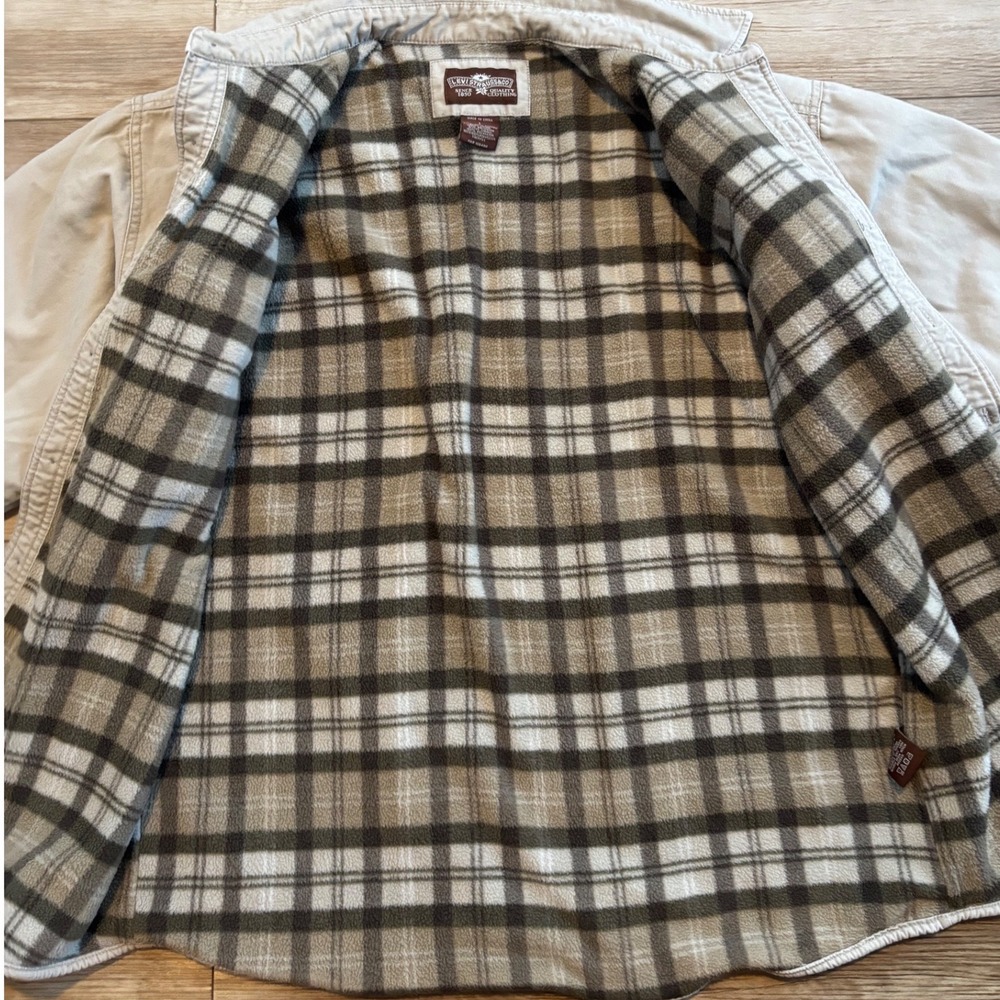 Levis Mens Canvas Shirt Jacket Tan Fleece Lined Plaid Workwear Shacket Large - Picture 2 of 7